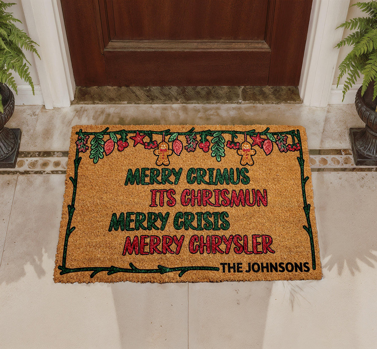 Personalized Merry Christmas Doormat, Custom Family Name Coir Rug, Funny Xmas Porch Decor