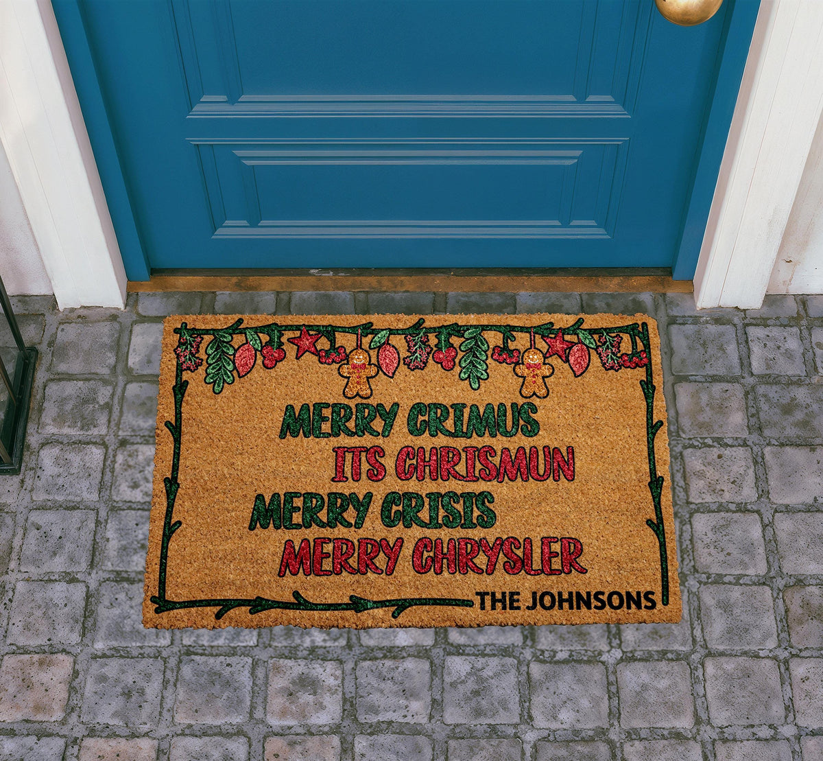 Personalized Merry Christmas Doormat, Custom Family Name Coir Rug, Funny Xmas Porch Decor