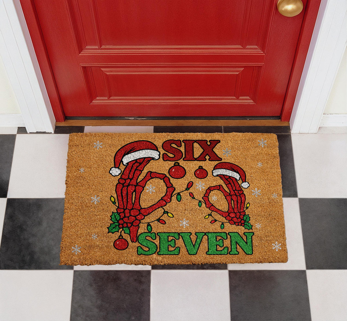 Skeleton Christmas Doormat, SIX SEVEN Meme Welcome Mat, Spooky Xmas Porch Decor