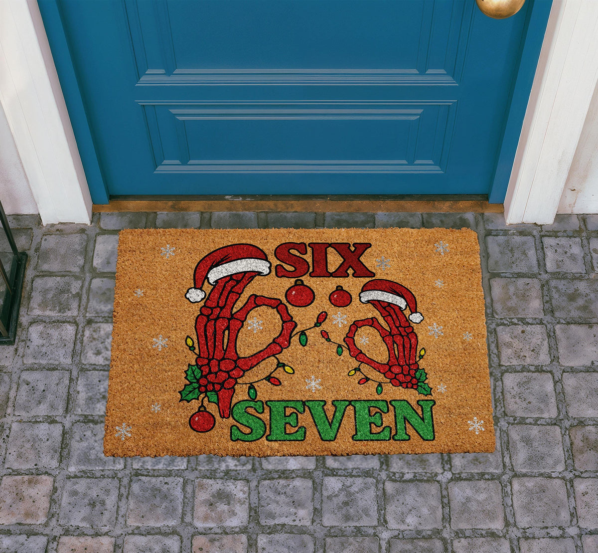 Skeleton Christmas Doormat, SIX SEVEN Meme Welcome Mat, Spooky Xmas Porch Decor