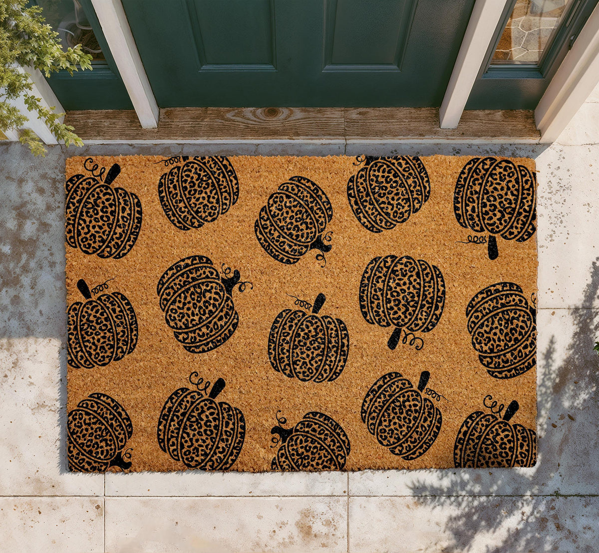 Leopard Pumpkin Doormat, Natural Coir Fall Welcome Mat, Autumn Entryway Rug
