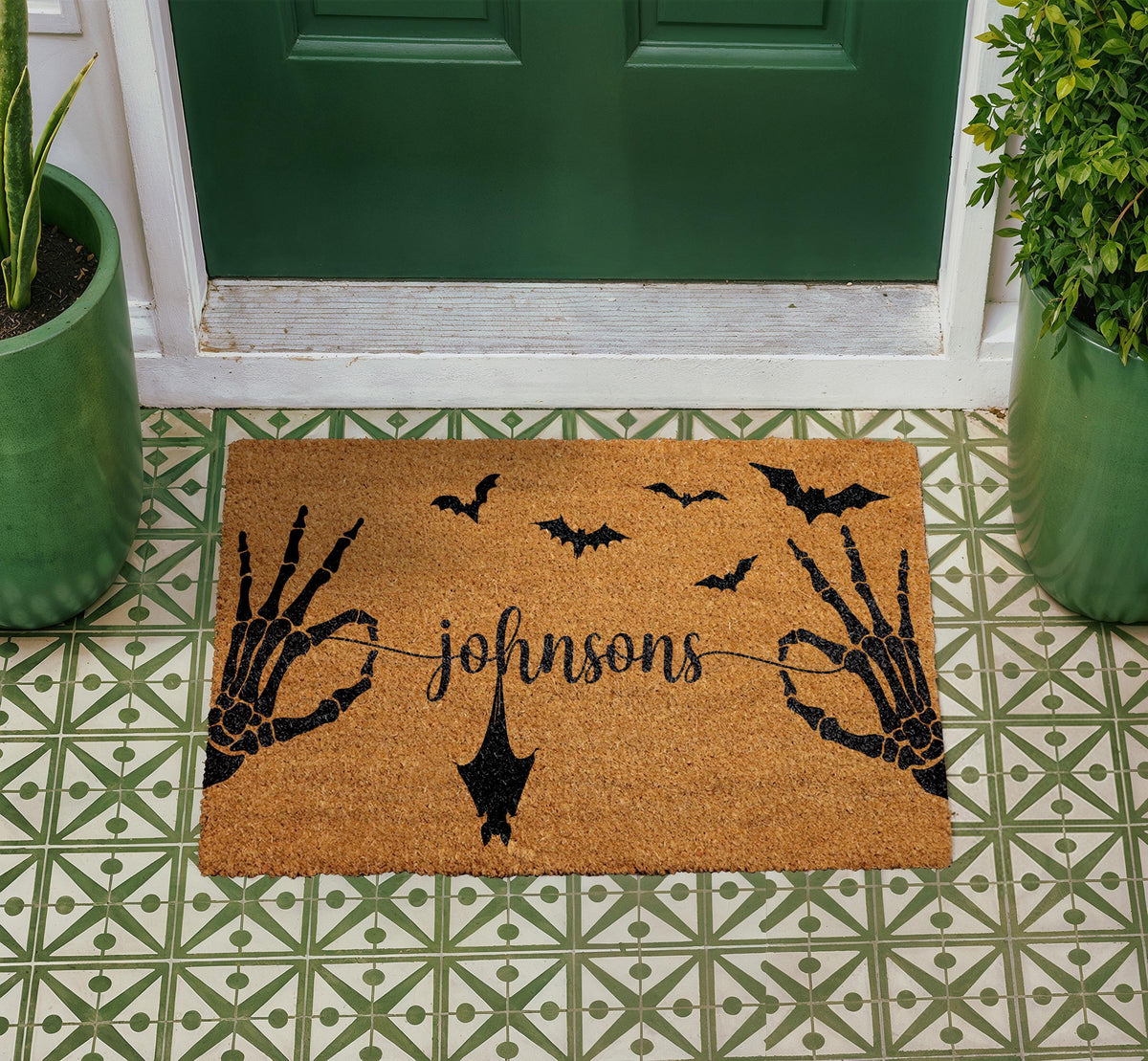 Personalized Halloween Doormat, Custom Family Name, Skeleton Hands, Bats, Gothic Entry Rug