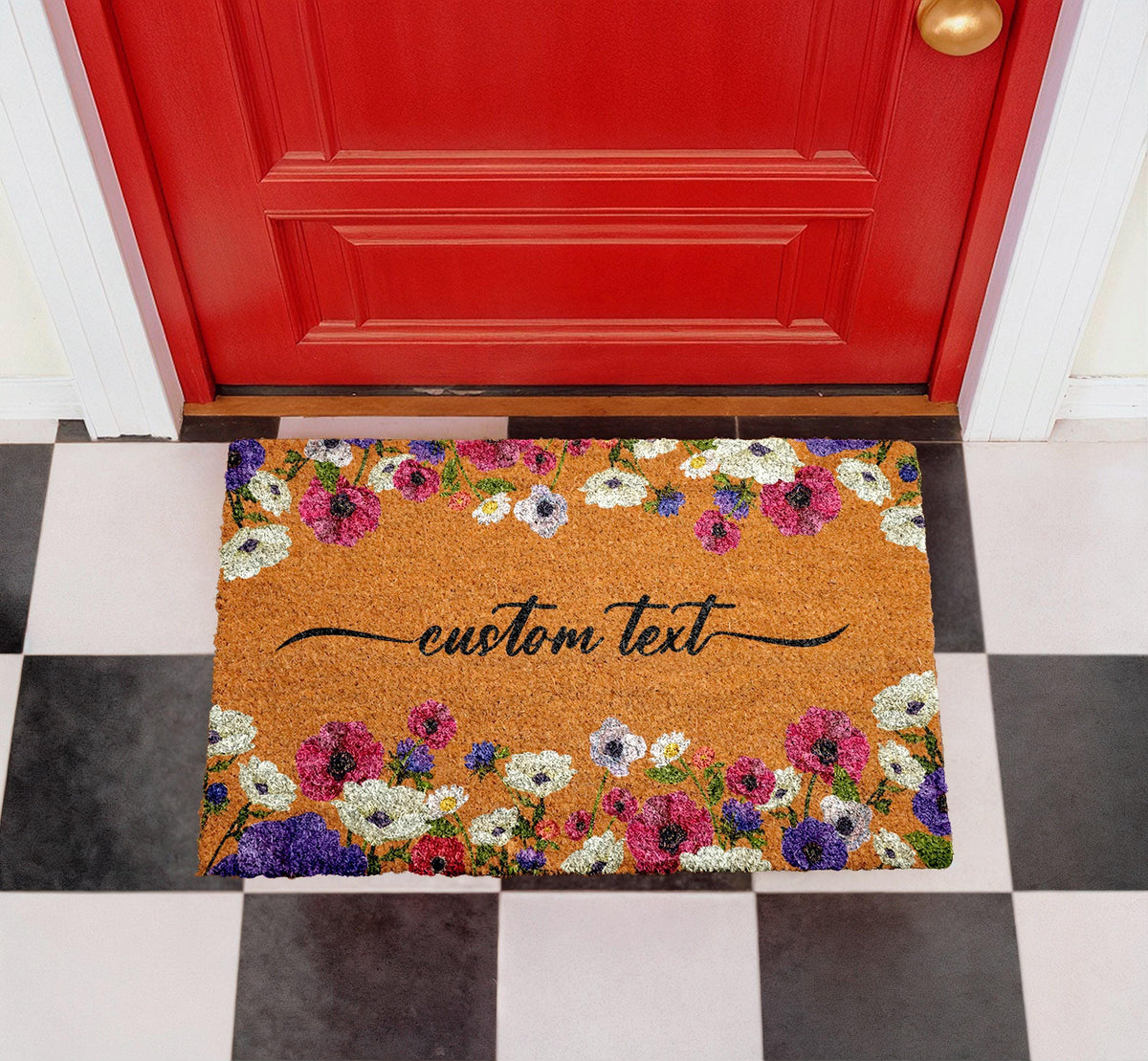 Personalized Floral Coir Doormat, Custom Welcome Mat, Botanical Entryway Rug