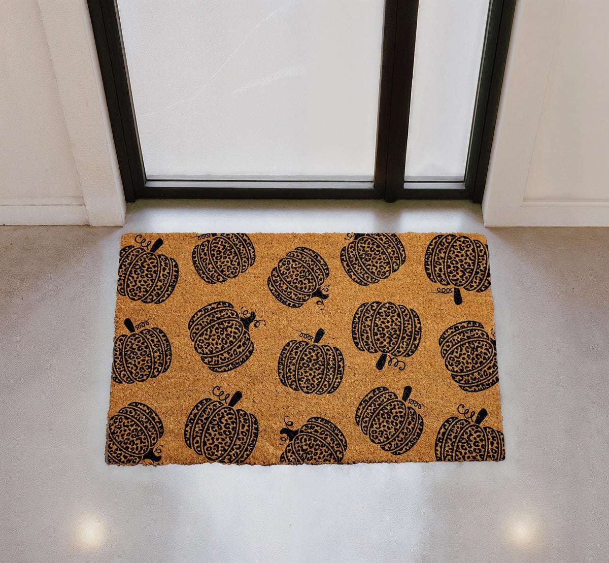 Leopard Pumpkin Doormat, Natural Coir Fall Welcome Mat, Autumn Entryway Rug