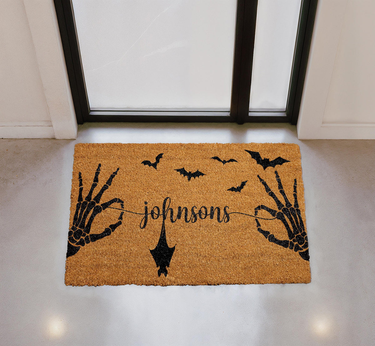 Personalized Halloween Doormat, Custom Family Name, Skeleton Hands, Bats, Gothic Entry Rug
