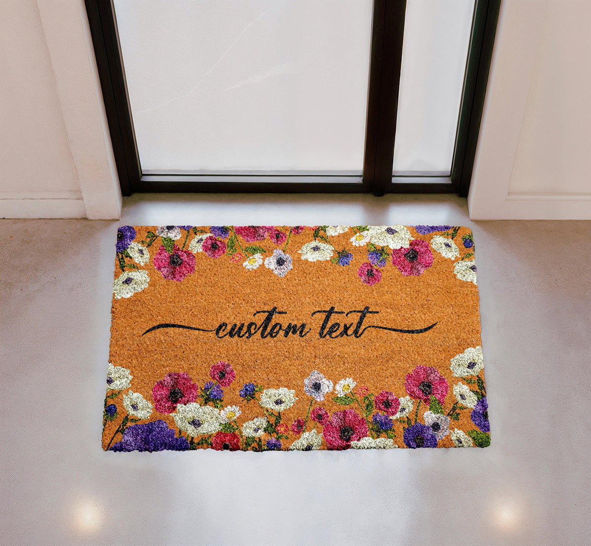 Personalized Floral Coir Doormat, Custom Welcome Mat, Botanical Entryway Rug