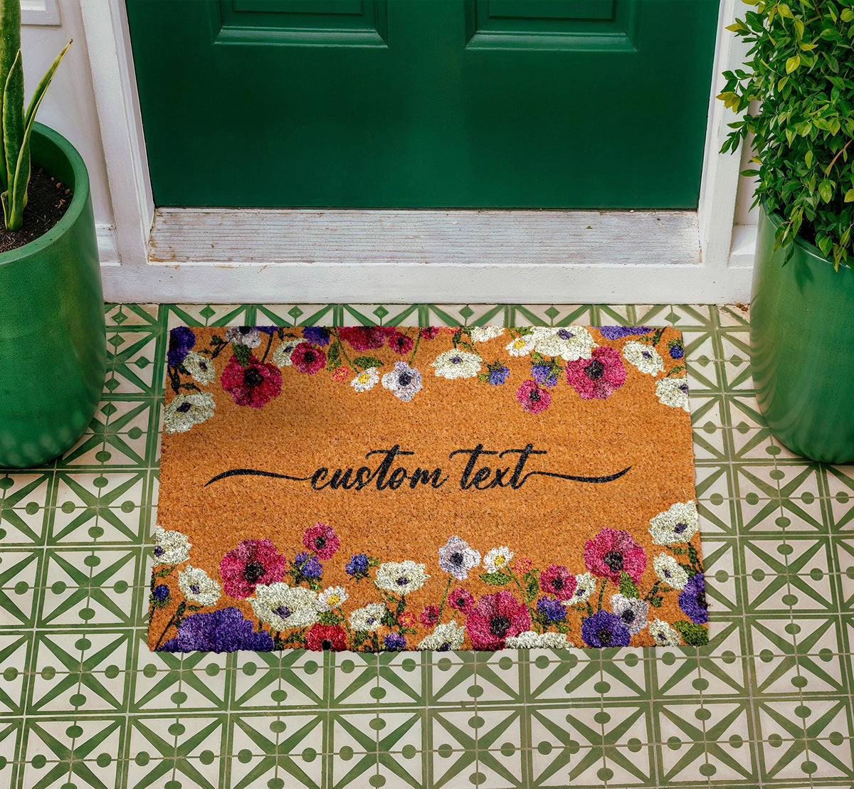 Personalized Floral Coir Doormat, Custom Welcome Mat, Botanical Entryway Rug