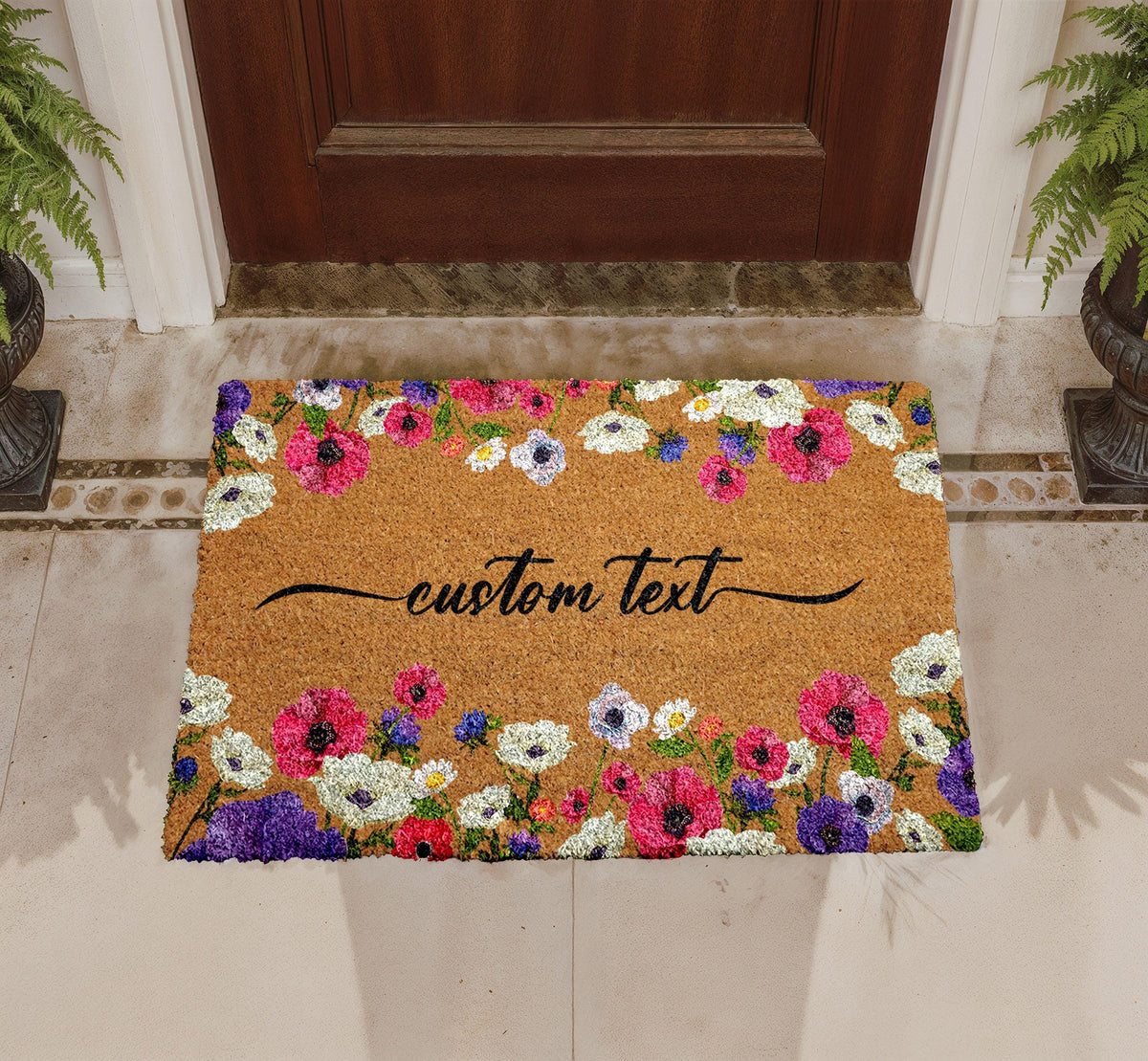 Personalized Floral Coir Doormat, Custom Welcome Mat, Botanical Entryway Rug