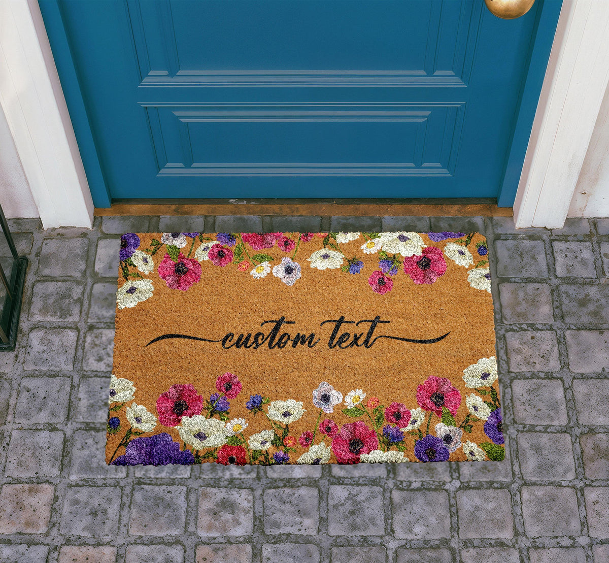 Personalized Floral Coir Doormat, Custom Welcome Mat, Botanical Entryway Rug