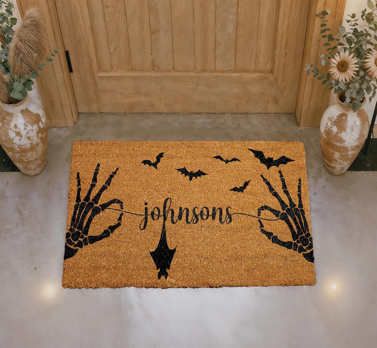 Personalized Halloween Doormat, Custom Family Name, Skeleton Hands, Bats, Gothic Entry Rug