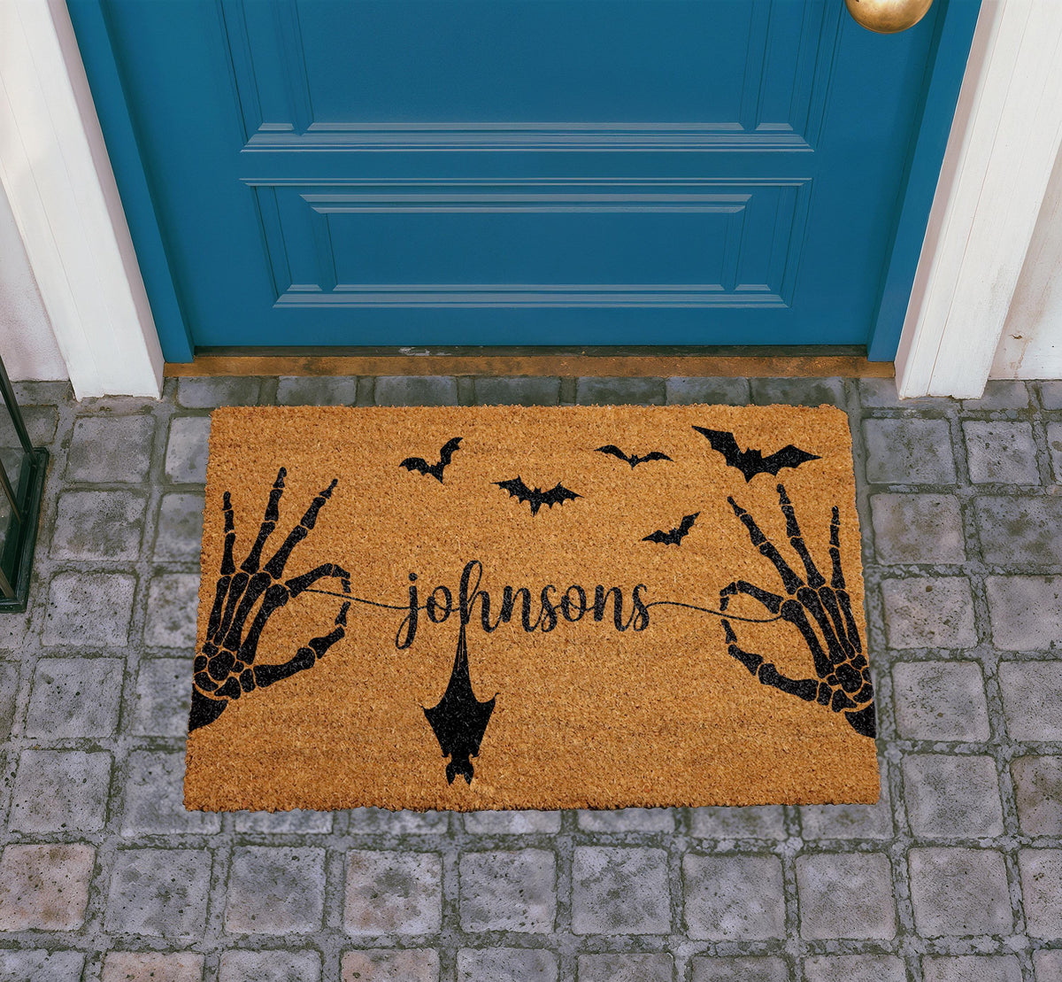 Personalized Halloween Doormat, Custom Family Name, Skeleton Hands, Bats, Gothic Entry Rug