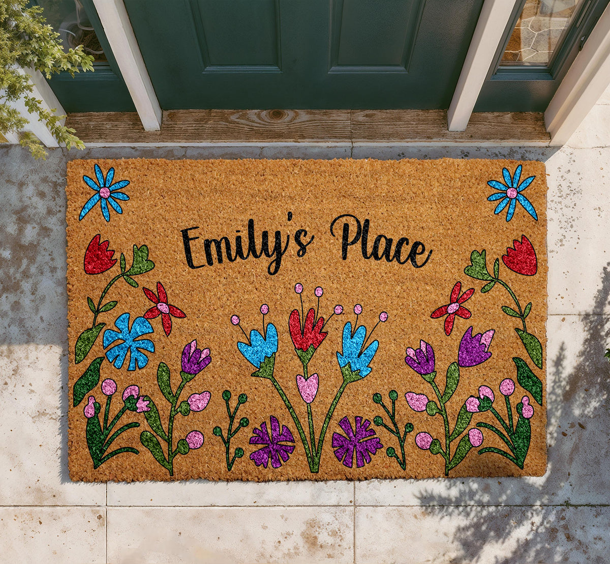 Personalized Floral Coir Doormat, Custom Family Name Welcome Mat, Outdoor Entry Rug