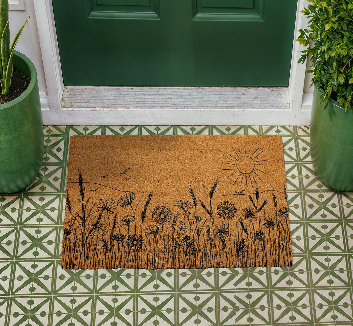 Wildflower Meadow Doormat, Rustic Botanical Landscape, Farmhouse Front Porch Coir Mat