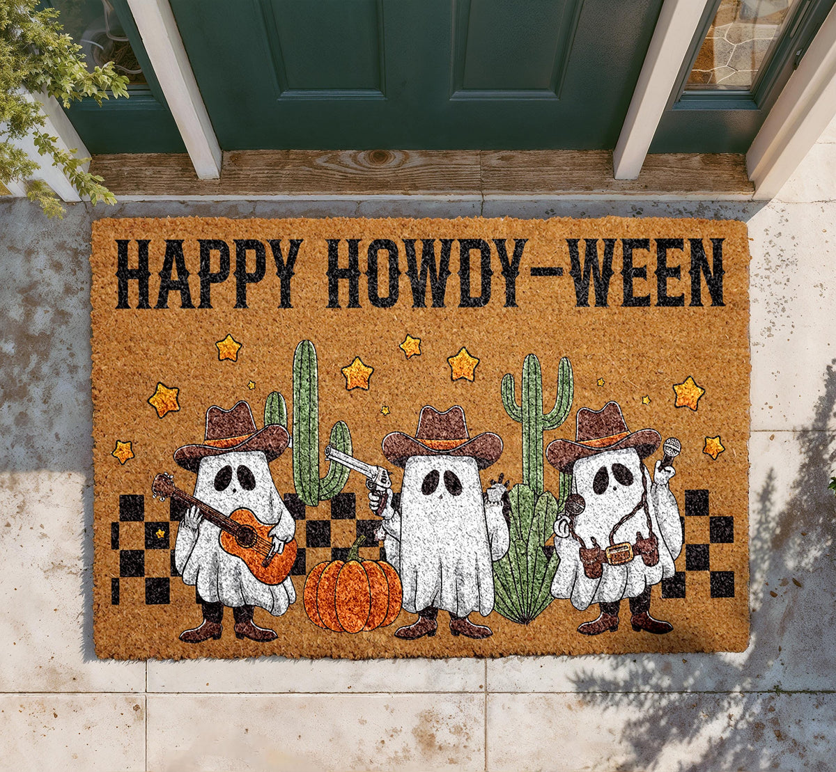 Happy Howdy-Ween Doormat, Cowboy Ghost Welcome Mat, Outdoor Coir Mat (16"x24")