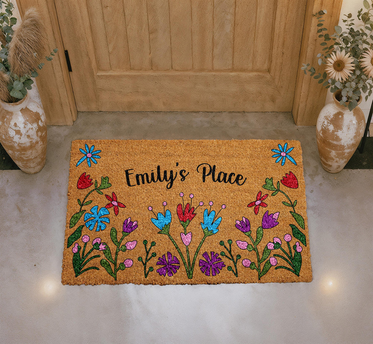 Personalized Floral Coir Doormat, Custom Family Name Welcome Mat, Outdoor Entry Rug