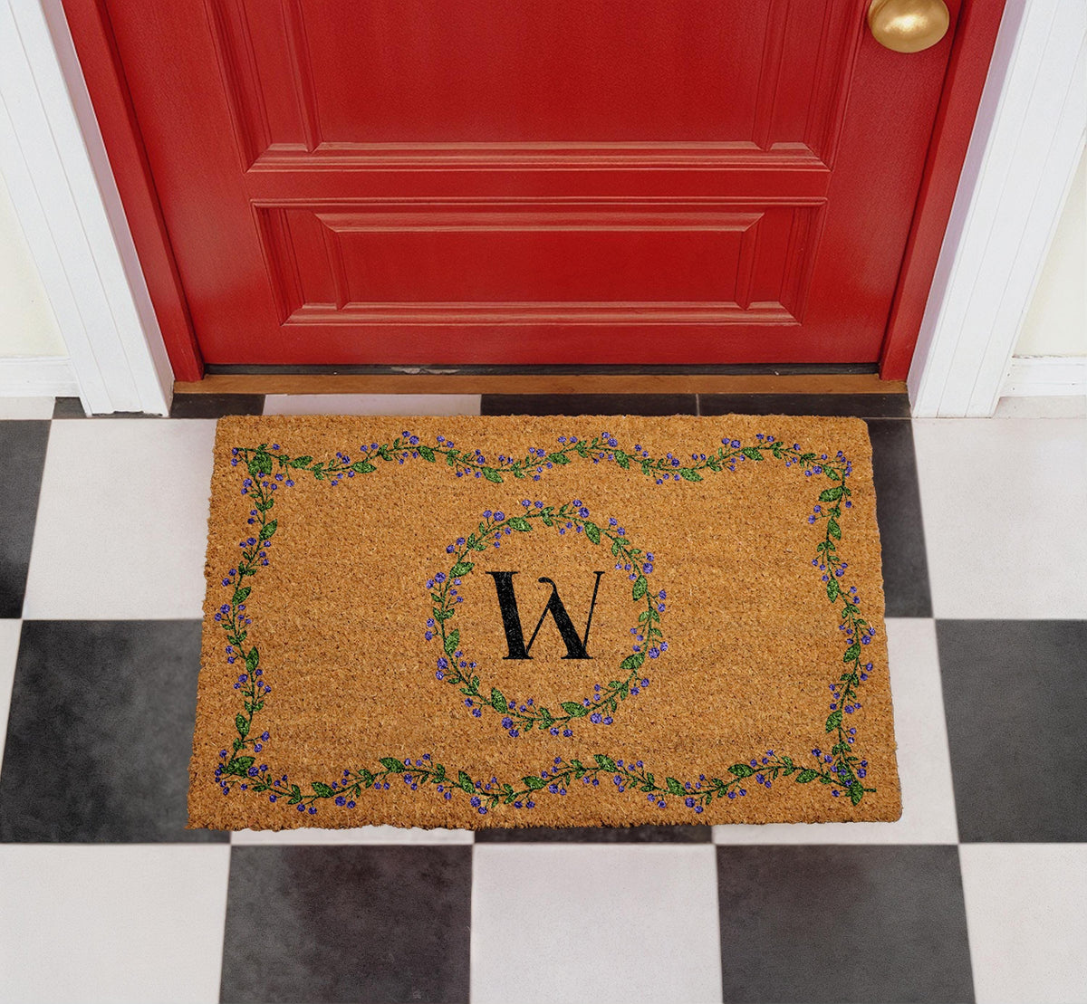 Personalized Monogram Doormat, Custom Initial Welcome Mat, Floral Outdoor Mat, Elegant Letter Door Mat, Seasonal Porch Mat, Natural Coir Mat