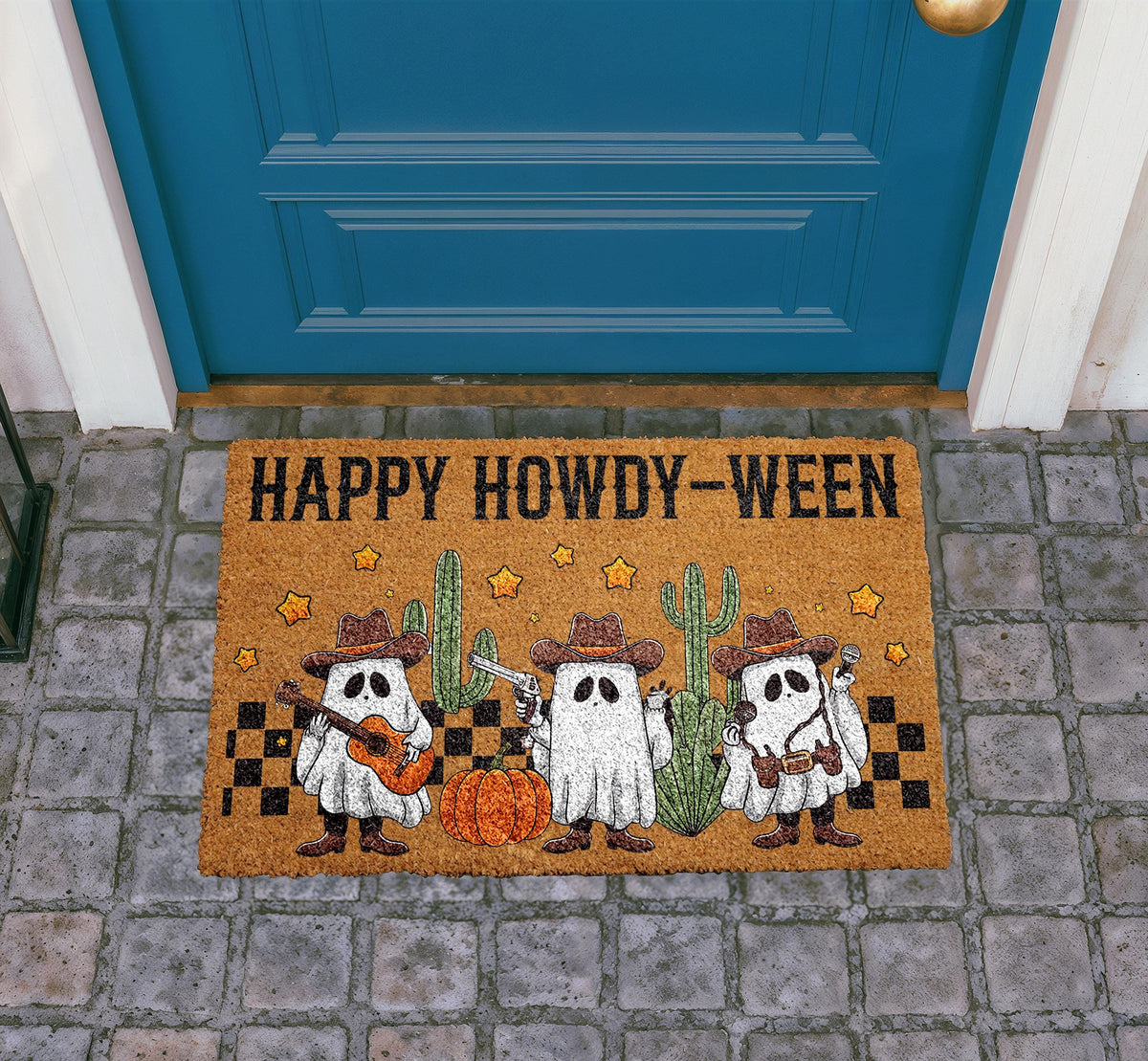 Happy Howdy-Ween Doormat, Cowboy Ghost Welcome Mat, Outdoor Coir Mat (16"x24")