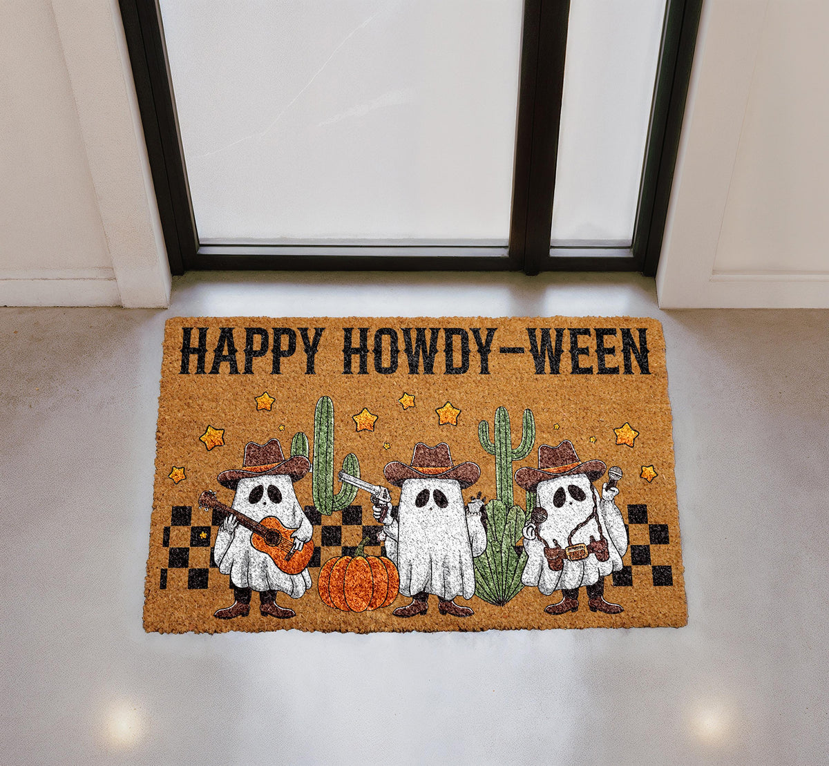Happy Howdy-Ween Doormat, Cowboy Ghost Welcome Mat, Outdoor Coir Mat (16"x24")