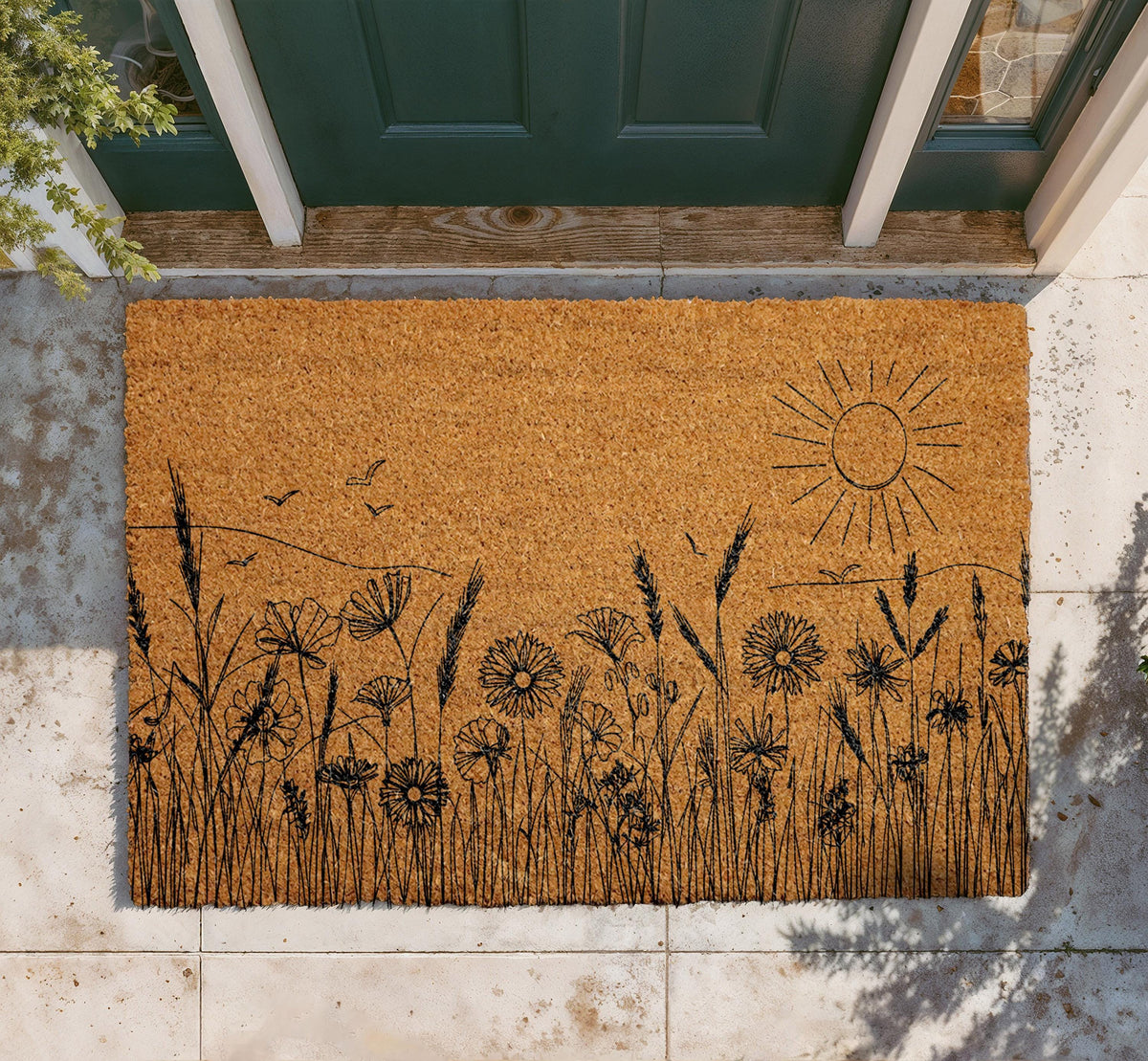 Wildflower Meadow Doormat, Rustic Botanical Landscape, Farmhouse Front Porch Coir Mat