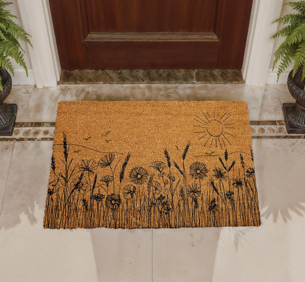Wildflower Meadow Doormat, Rustic Botanical Landscape, Farmhouse Front Porch Coir Mat