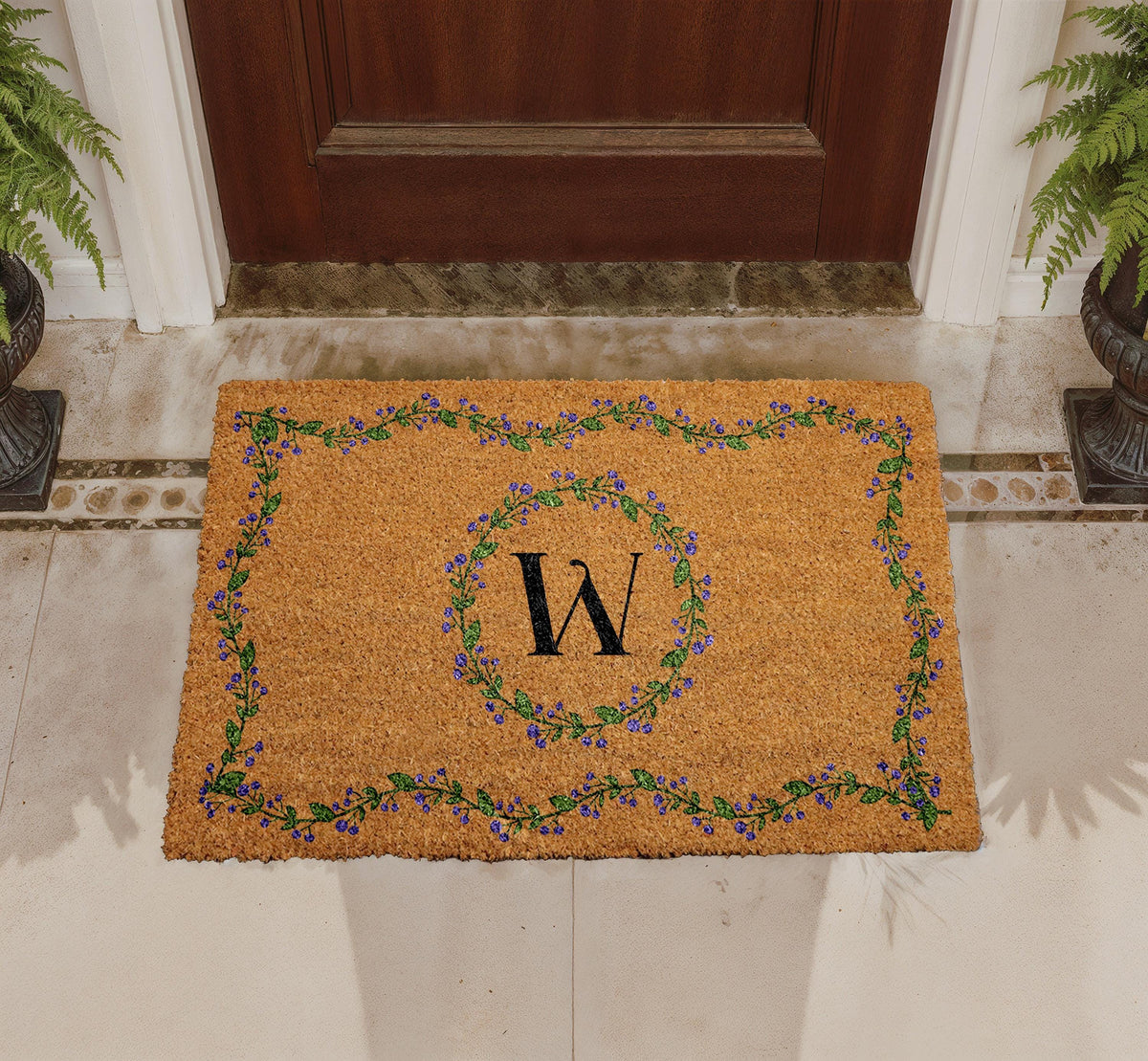 Personalized Monogram Doormat, Custom Initial Welcome Mat, Floral Outdoor Mat, Elegant Letter Door Mat, Seasonal Porch Mat, Natural Coir Mat