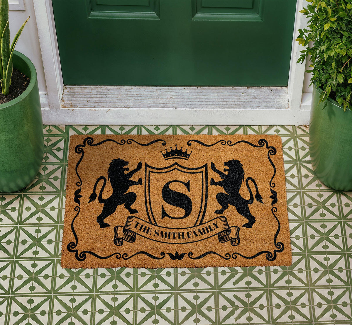Personalized Regal Lion Crest Doormat, Custom Family Name Welcome Mat