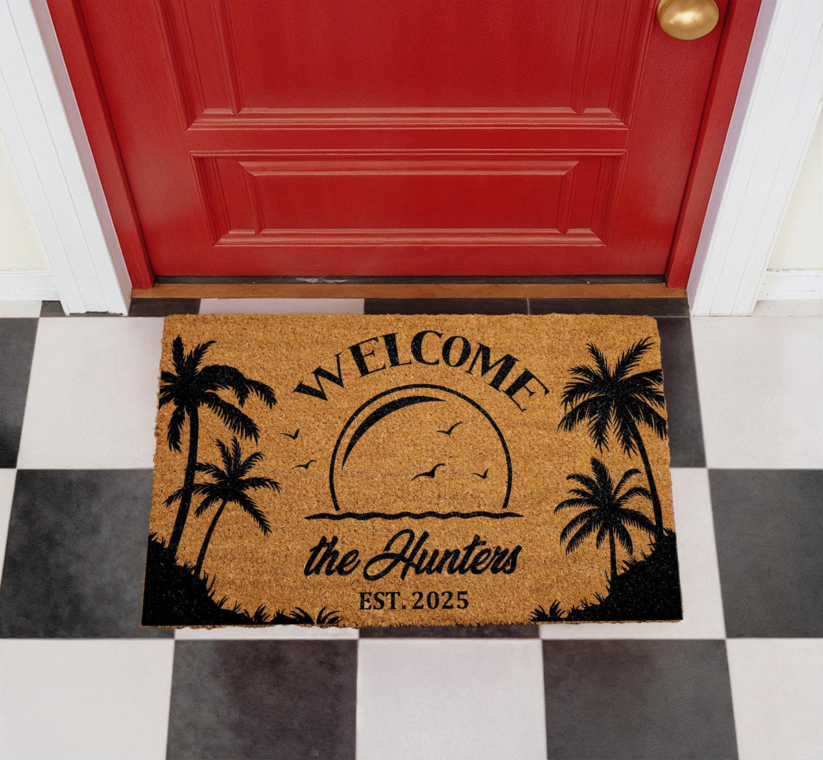 Personalized Tropical Welcome Doormat, Family Name Custom Door Mat, Front Porch Rug, Beach Inspired Coir Mat, Outdoor Entryway Home Decor