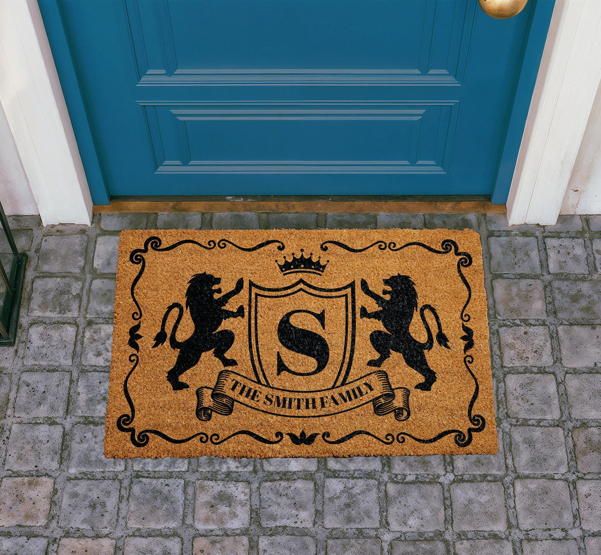 Personalized Regal Lion Crest Doormat, Custom Family Name Welcome Mat