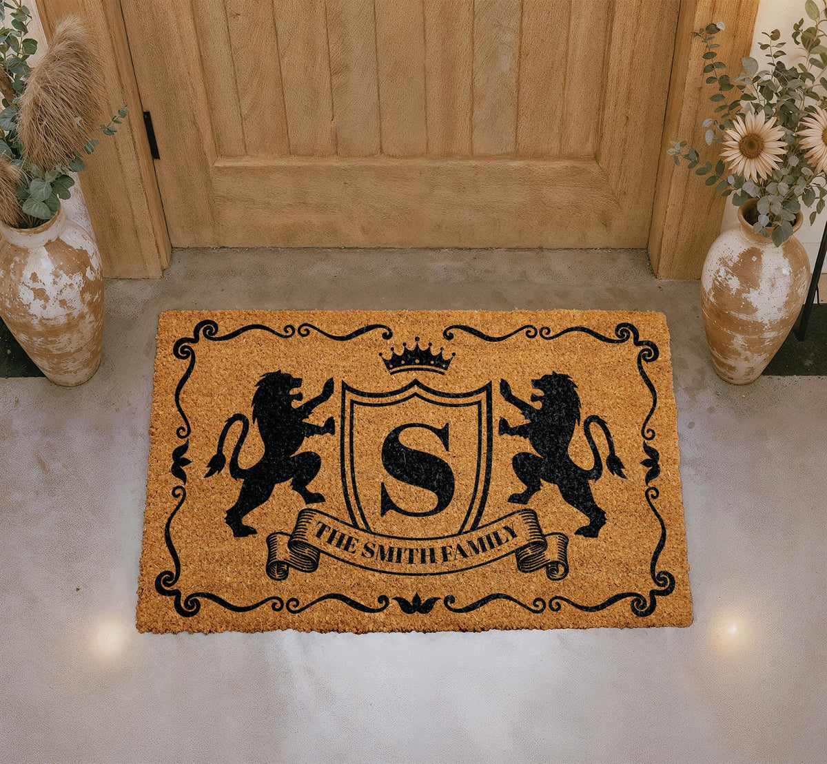 Personalized Regal Lion Crest Doormat, Custom Family Name Welcome Mat