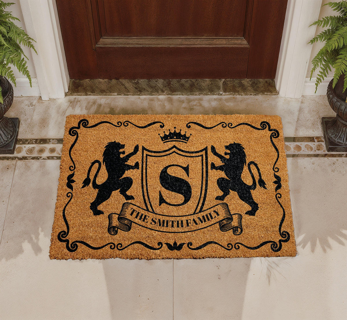 Personalized Regal Lion Crest Doormat, Custom Family Name Welcome Mat