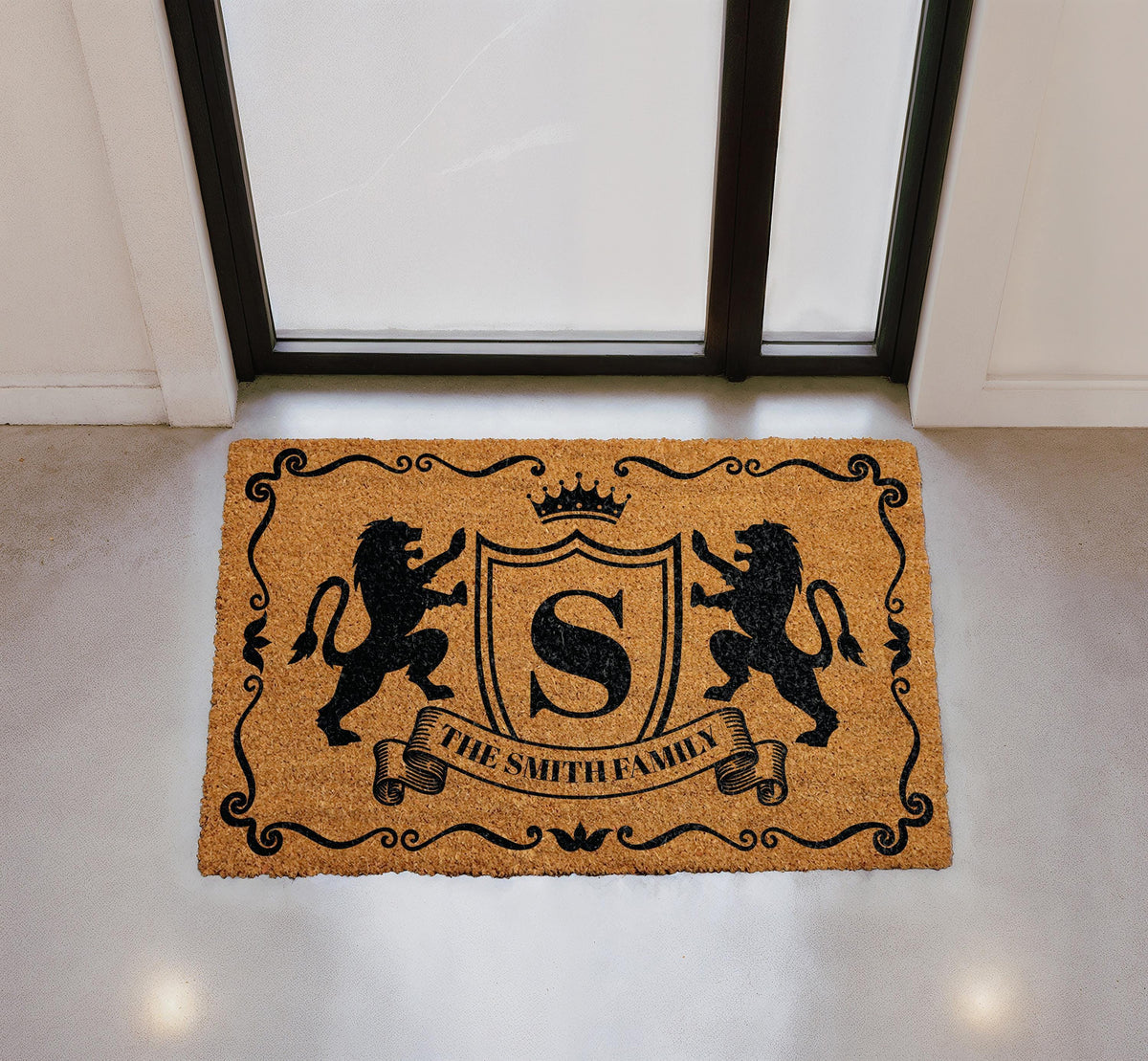 Personalized Regal Lion Crest Doormat, Custom Family Name Welcome Mat