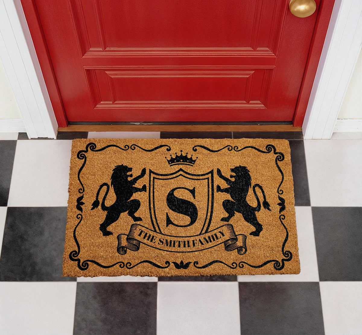 Personalized Regal Lion Crest Doormat, Custom Family Name Welcome Mat