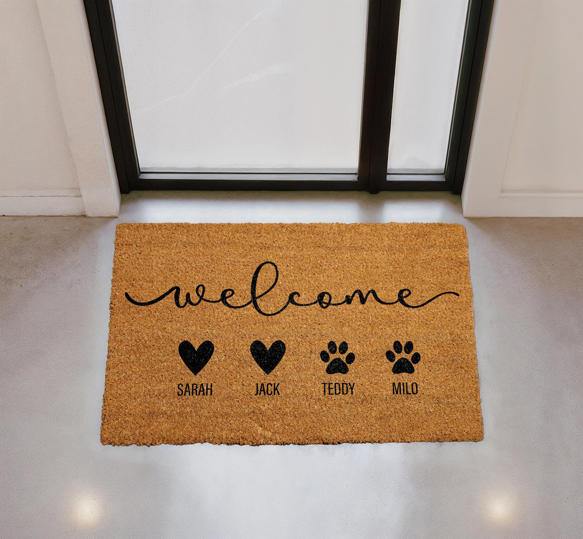 Personalized Family Doormat, Custom Family and Pet Name Welcome Mat, Pet Owner Door Mat, Heart and Paw Print Mat, Family Members Coir Mat