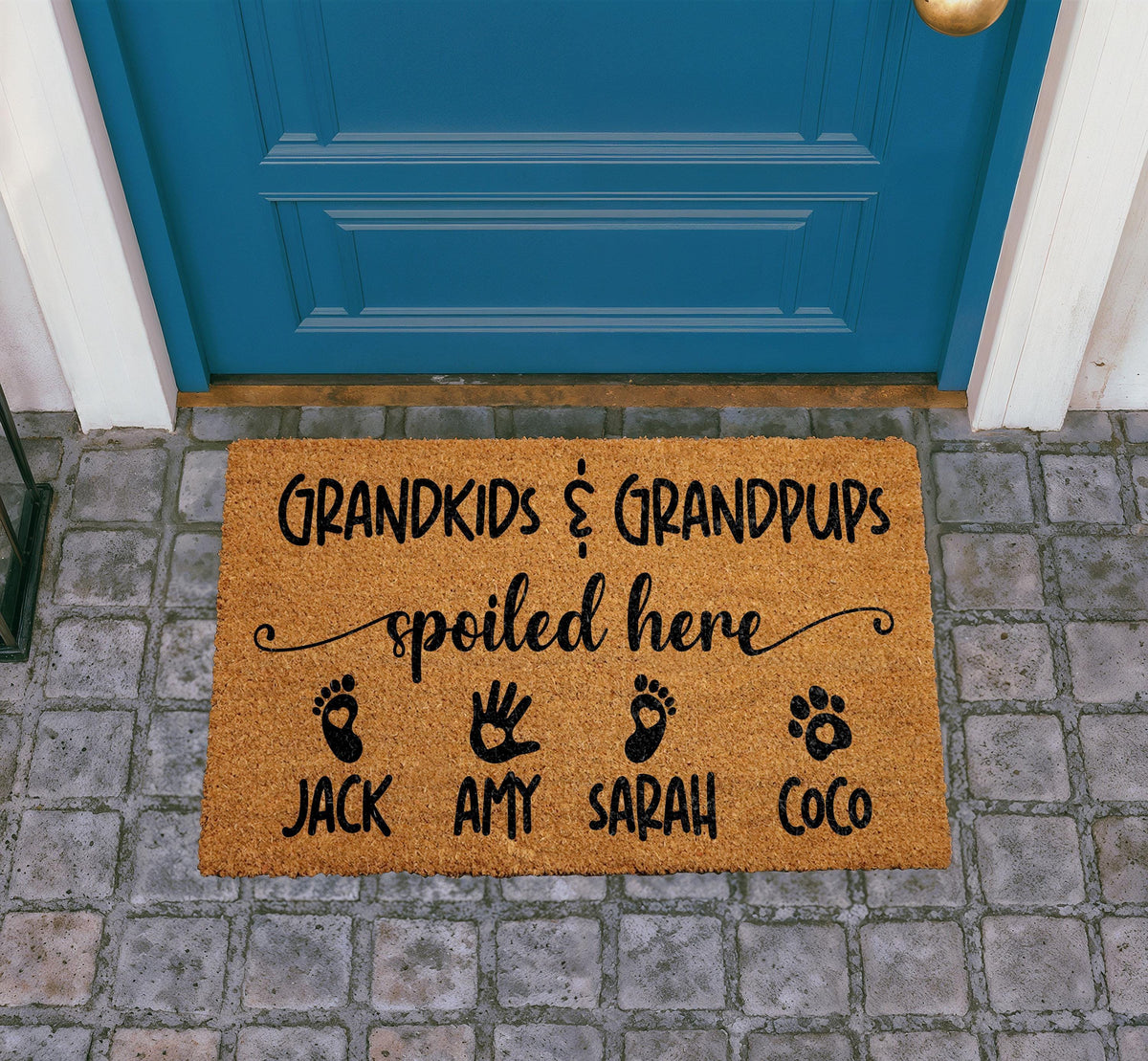 Personalized Grandkids Grandpups Spoiled Here Doormat, Custom Family Names Welcome Mat