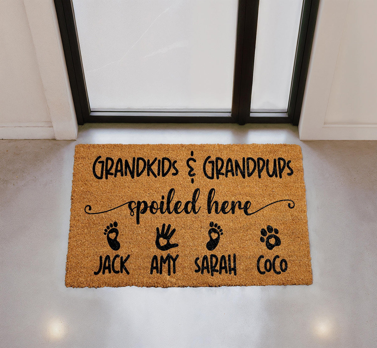 Personalized Grandkids Grandpups Spoiled Here Doormat, Custom Family Names Welcome Mat