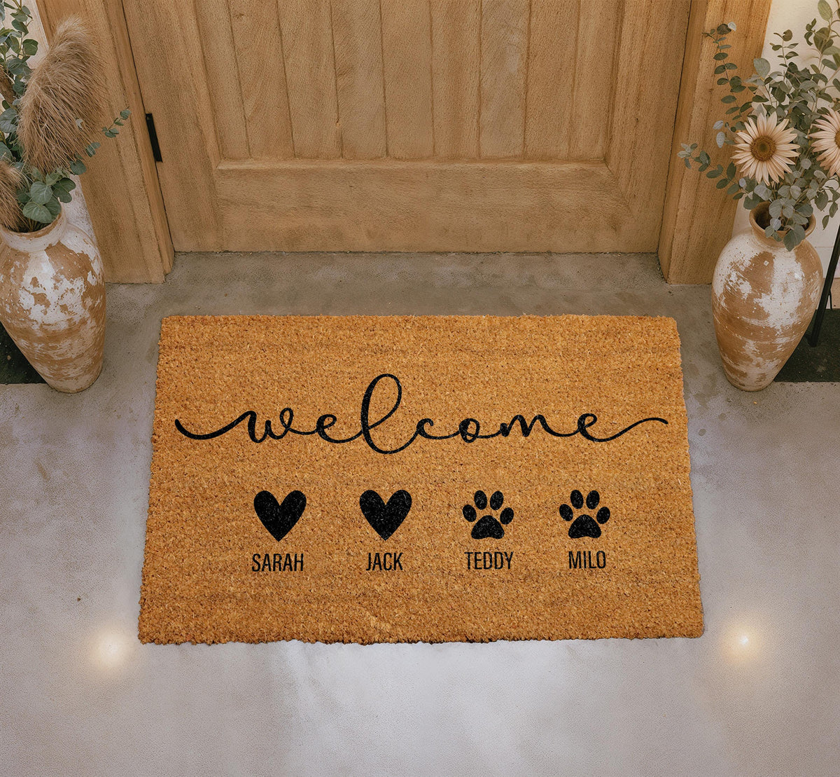 Personalized Family Doormat, Custom Family and Pet Name Welcome Mat, Pet Owner Door Mat, Heart and Paw Print Mat, Family Members Coir Mat