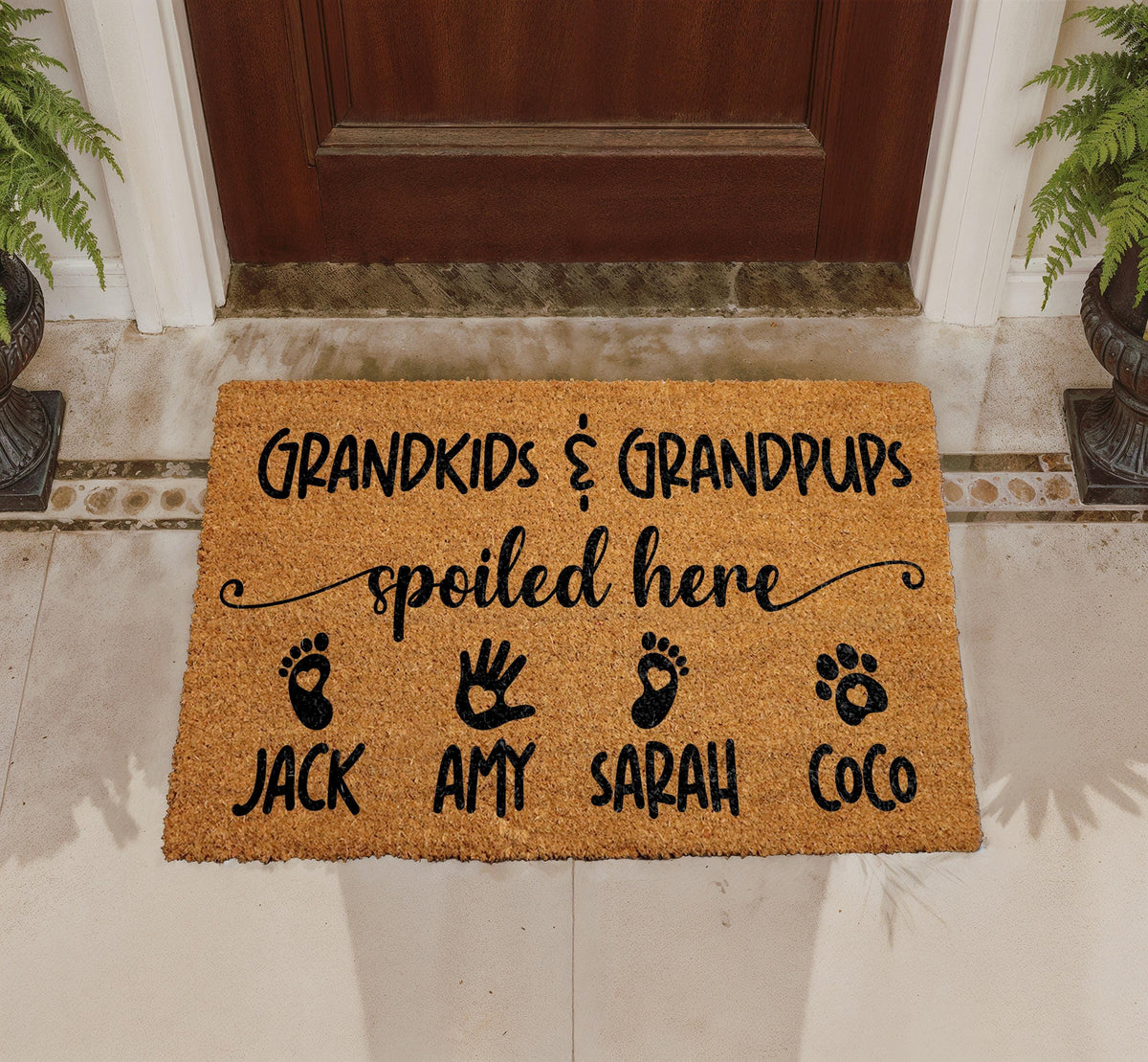 Personalized Grandkids Grandpups Spoiled Here Doormat, Custom Family Names Welcome Mat