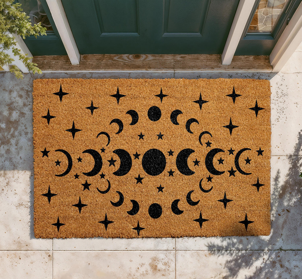 Celestial Moon Phases Stars Doormat, Natural Coir Welcome Mat, Boho Astrology Decor
