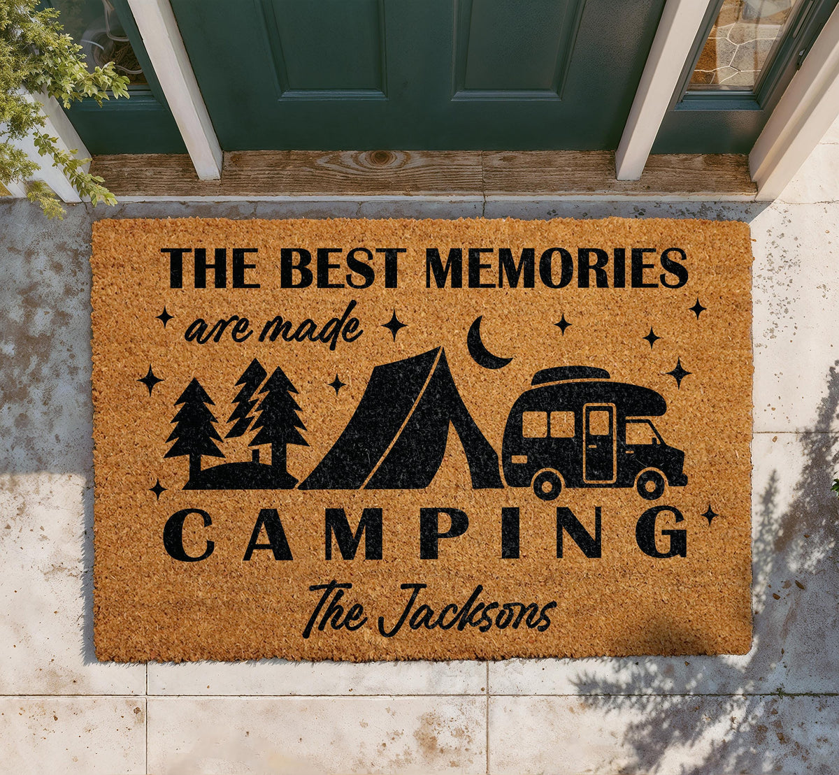 Personalized Camping Doormat, RV Welcome Mat, Happy Camper Decor, Nature Lover Entryway Rug