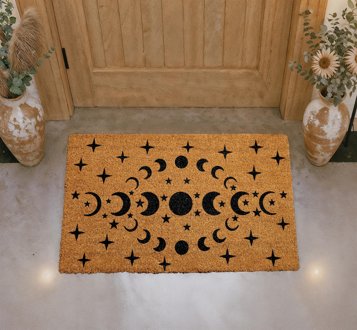 Celestial Moon Phases Stars Doormat, Natural Coir Welcome Mat, Boho Astrology Decor