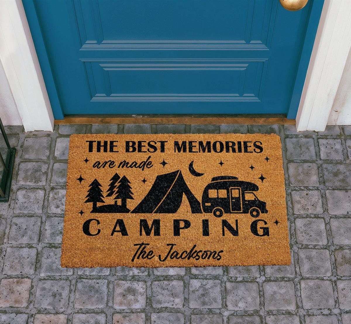 Personalized Camping Doormat, RV Welcome Mat, Happy Camper Decor, Nature Lover Entryway Rug