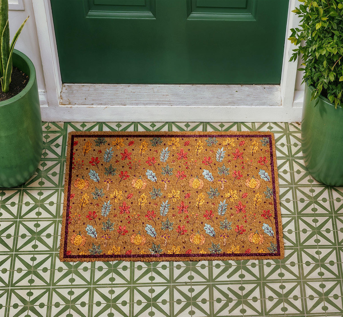 Personalized Fall Leaves Doormat, Autumn Pumpkins Welcome Mat, Natural Coir Rug