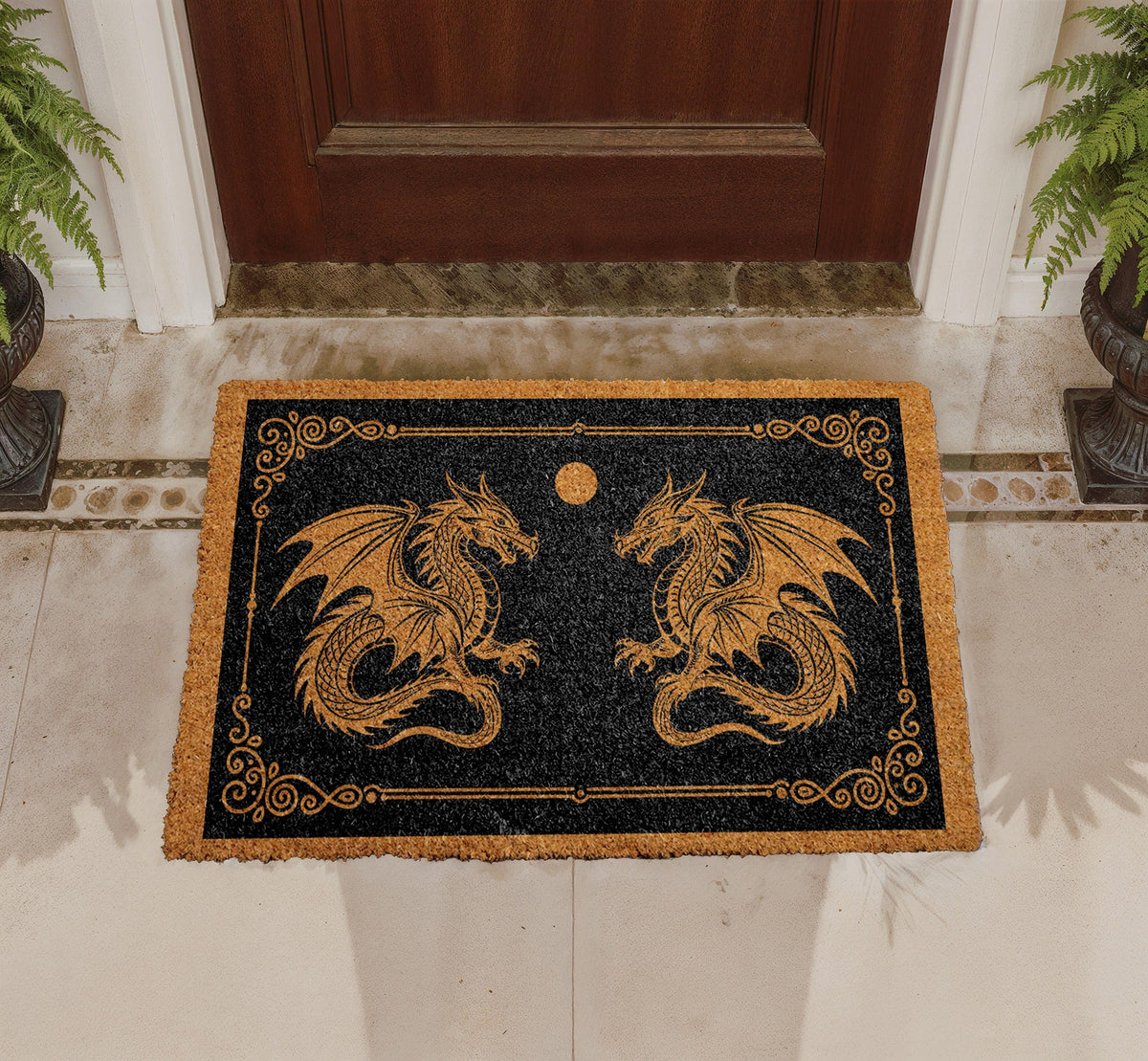 Gothic Dragon Doormat, Fantasy Welcome Mat, Medieval Style Door Mat, Twin Dragon Coir Mat, Gift for Dragon Lovers, Outdoor Entry Rug