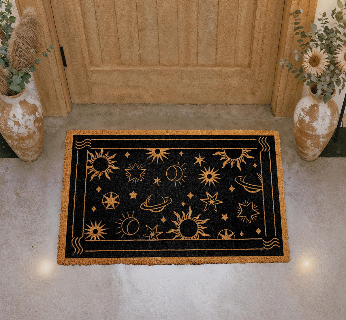 Natural Coir Doormat, Celestial Sun Moon Stars Design, Mystical Welcome Mat