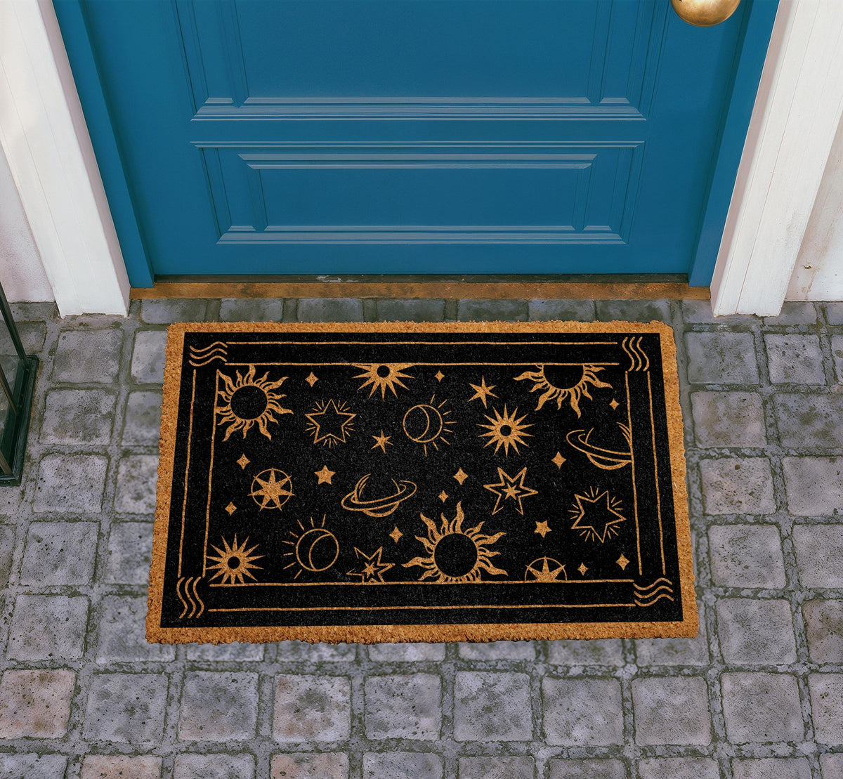 Natural Coir Doormat, Celestial Sun Moon Stars Design, Mystical Welcome Mat
