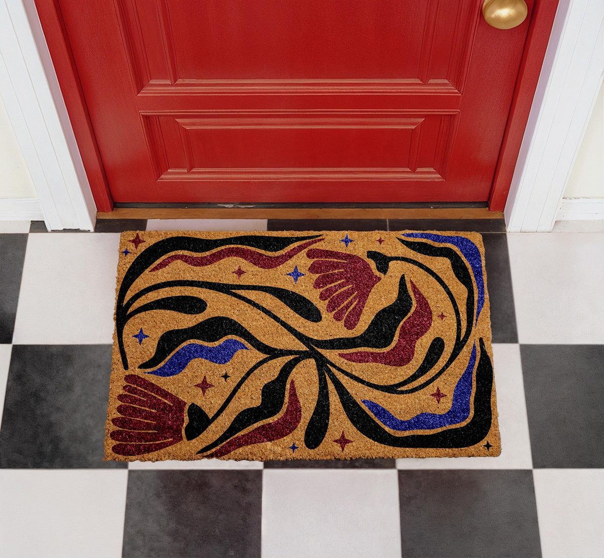 Abstract Floral Doormat, Colorful Modern Botanical Entry Rug, Artistic Coir Welcome Mat