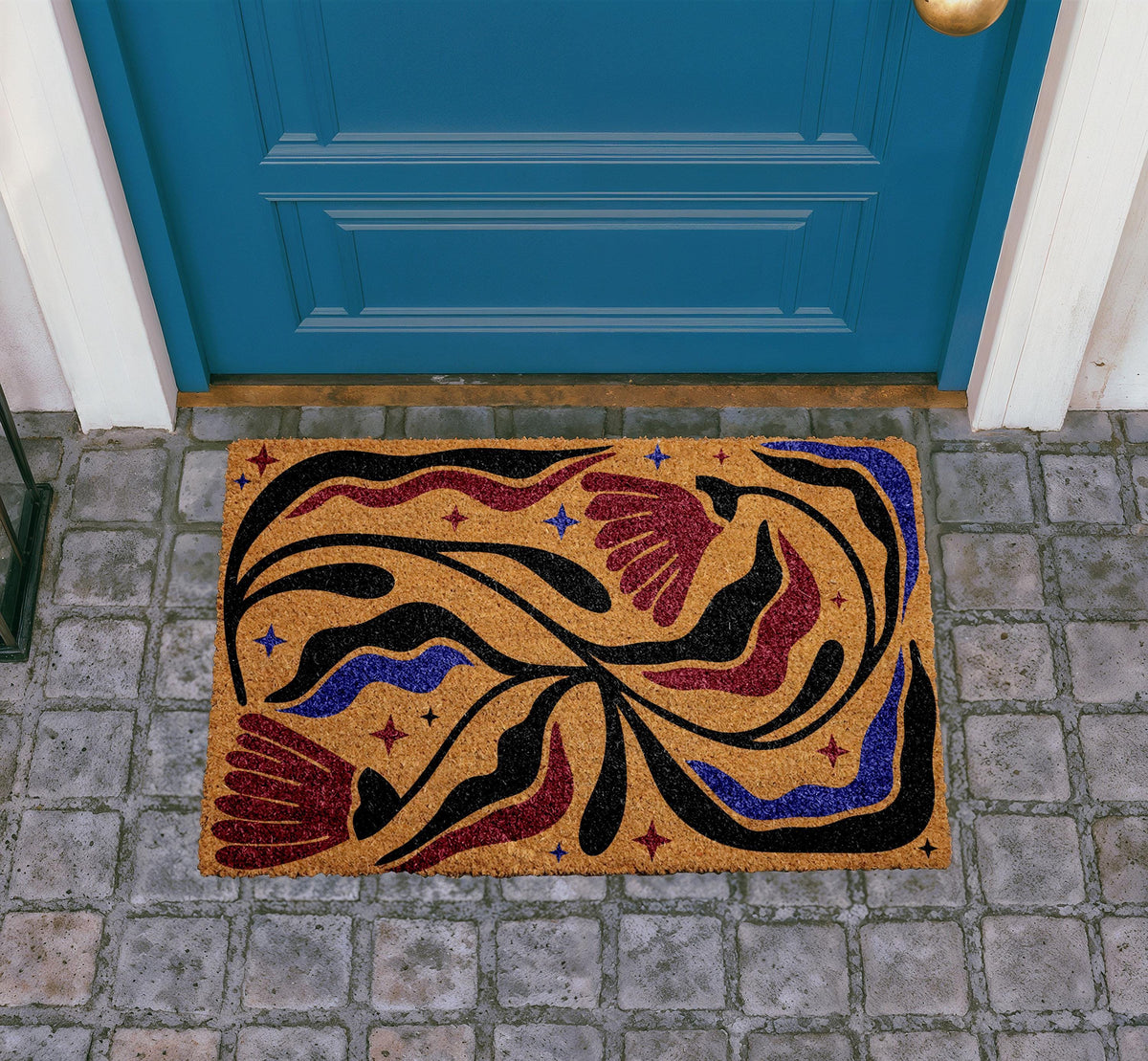 Abstract Floral Doormat, Colorful Modern Botanical Entry Rug, Artistic Coir Welcome Mat