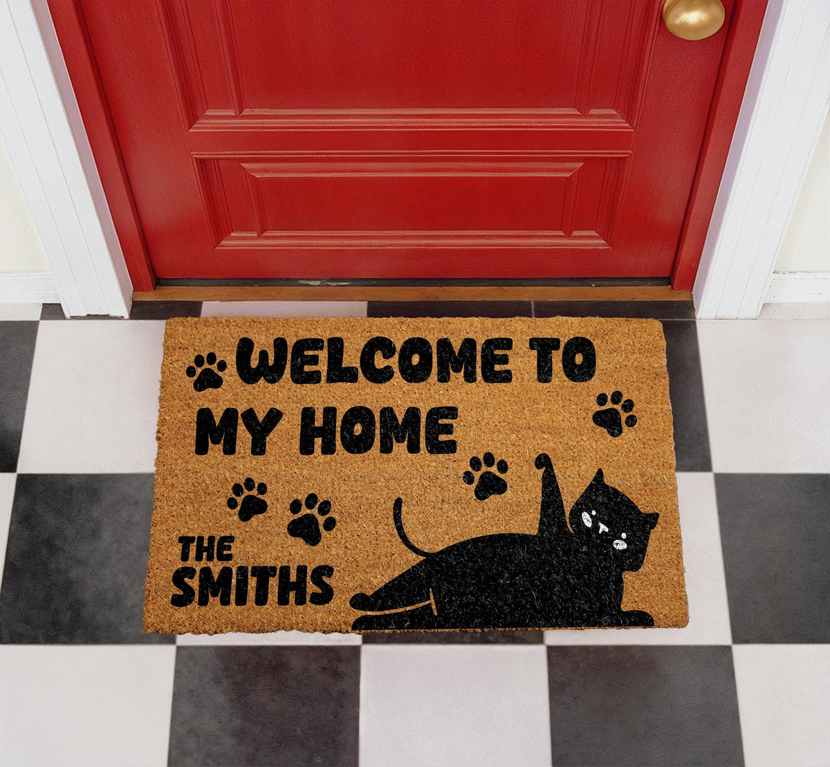 Personalized Cat Lover Coir Doormat, Custom Family Name Welcome Mat (18"x30")