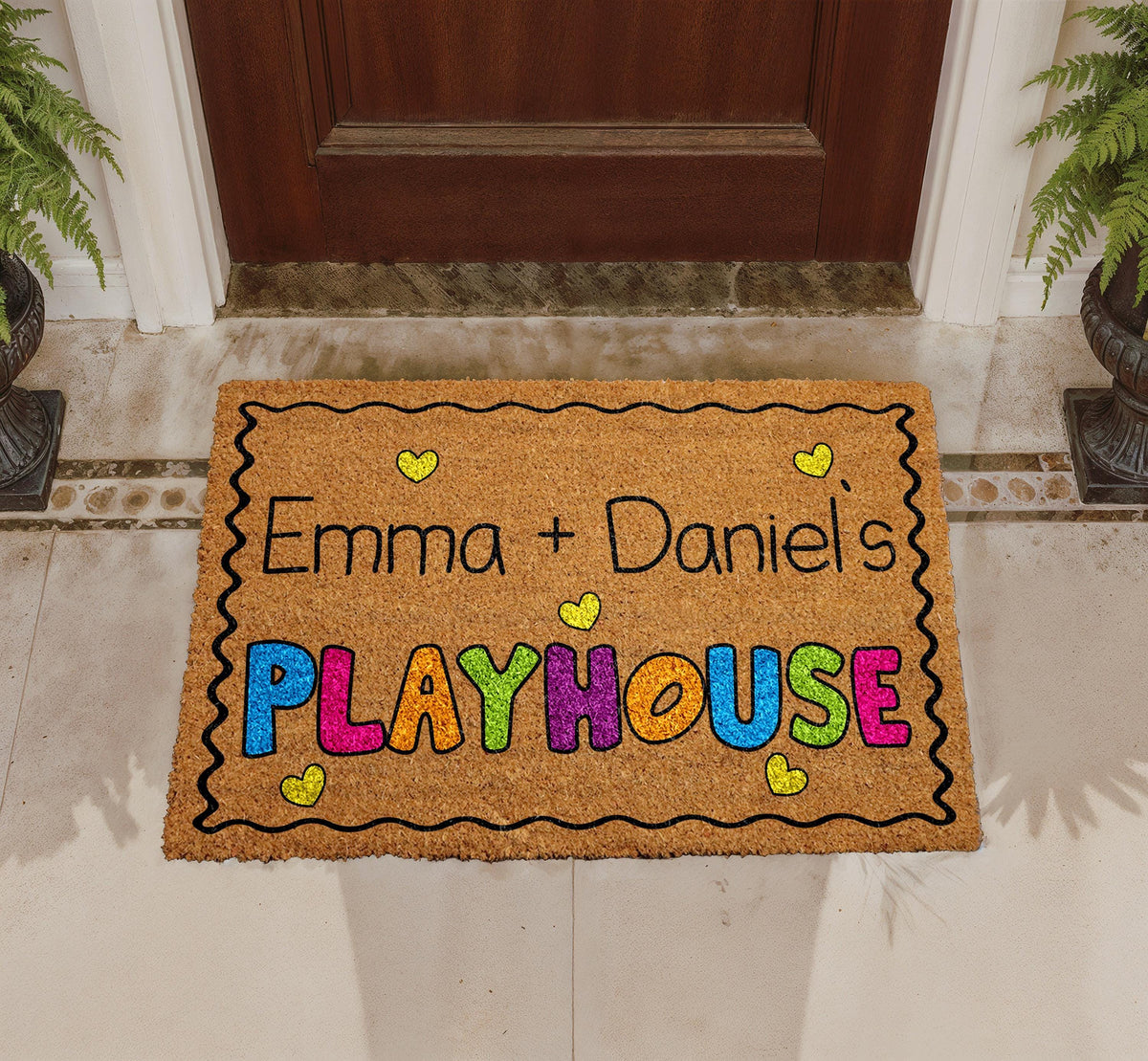 Personalized Kids Playhouse Doormat, Custom Couple Welcome Mat, Colorful Coir Outdoor Mat
