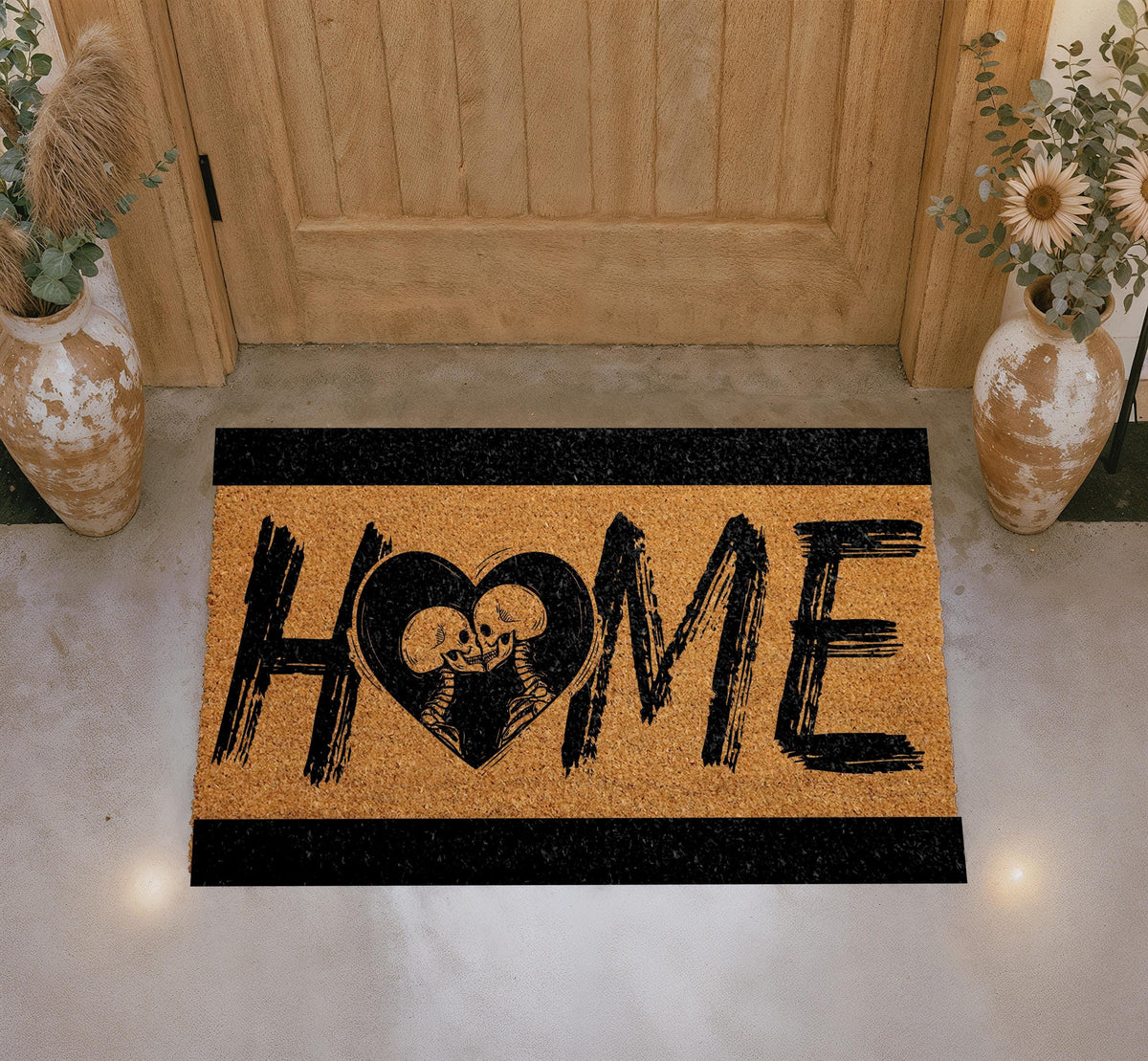 Skeleton Love Heart Coir Doormat, Gothic Romantic Welcome Mat
